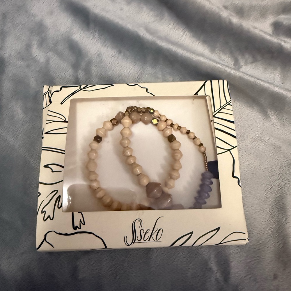 Sseko Cream and Purple Beaded Bracelet Duo